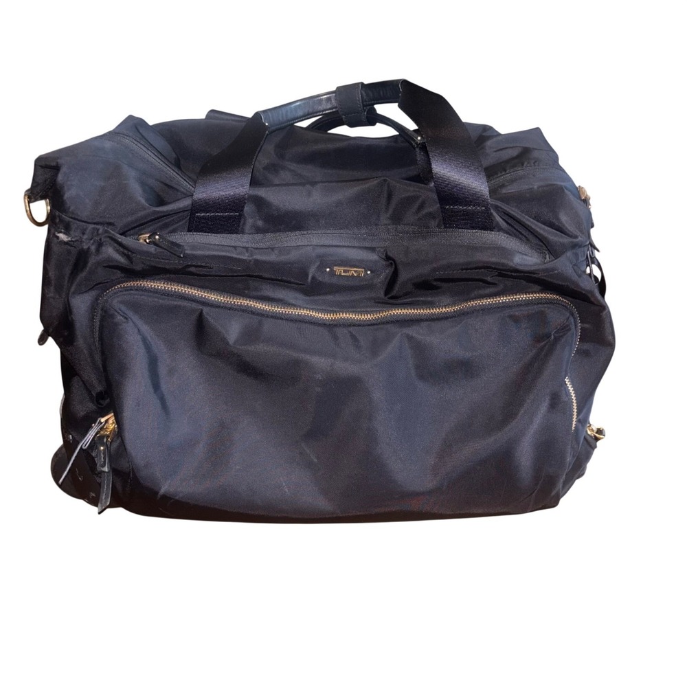 Tumi Voyageur Black Nylon Wheeled Duffel Bag Gold Hardware Travel Luggage
